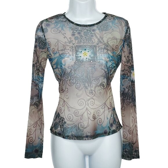 90s Y2K Romantic Floral Mesh Top M Purple Blue Bling Sheer Phoebe Buffay Indie - Picture 1 of 4